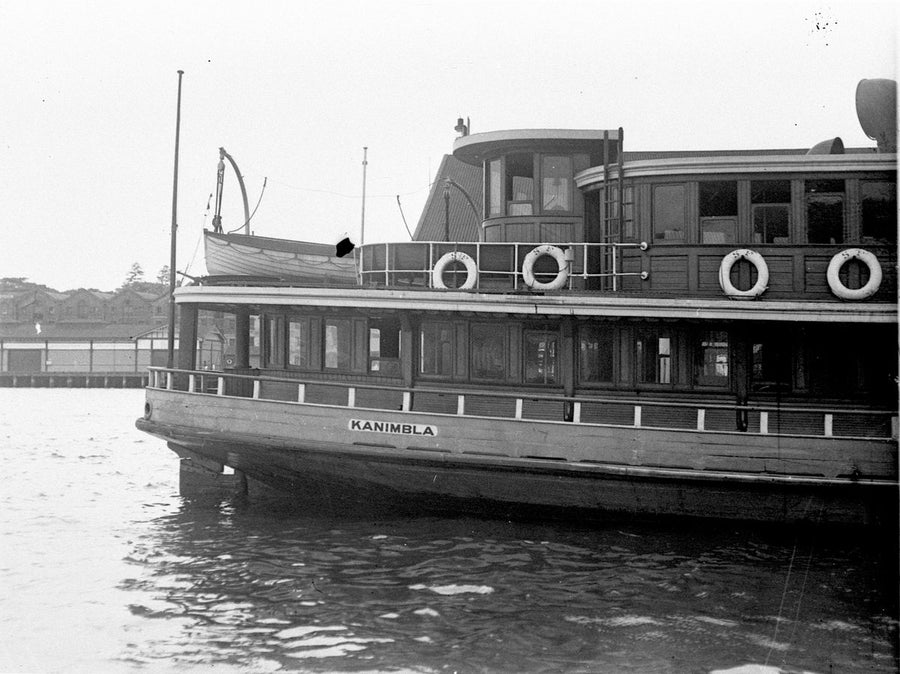 Sydney ferry Kanimbla berthed at a harbour wharf — photograph, from Sydney Harbour (Port Jackson), New South Wales, circa 1934