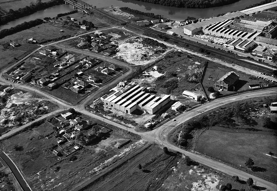 James Hardie works beside the Parramatta River, Camellia — photograph, from Camellia, c. 1950
