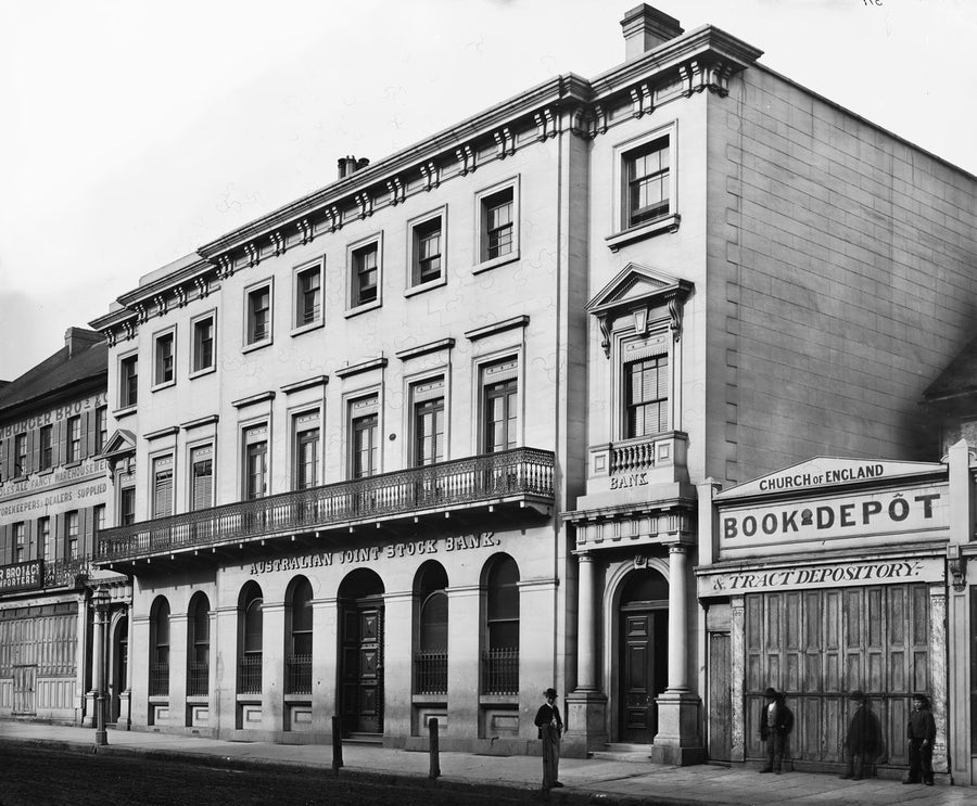 Australian Joint Stock Bank and Church of England Book Depot, Sydney — photograph, circa 1875