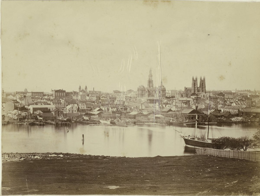 Sydney across Darling Harbour from Pyrmont, with the Town Hall, St Andrew's Cathedral and Great Synagogue — photograph, from Pyrmont, Sydney, New South Wales, circa 1880