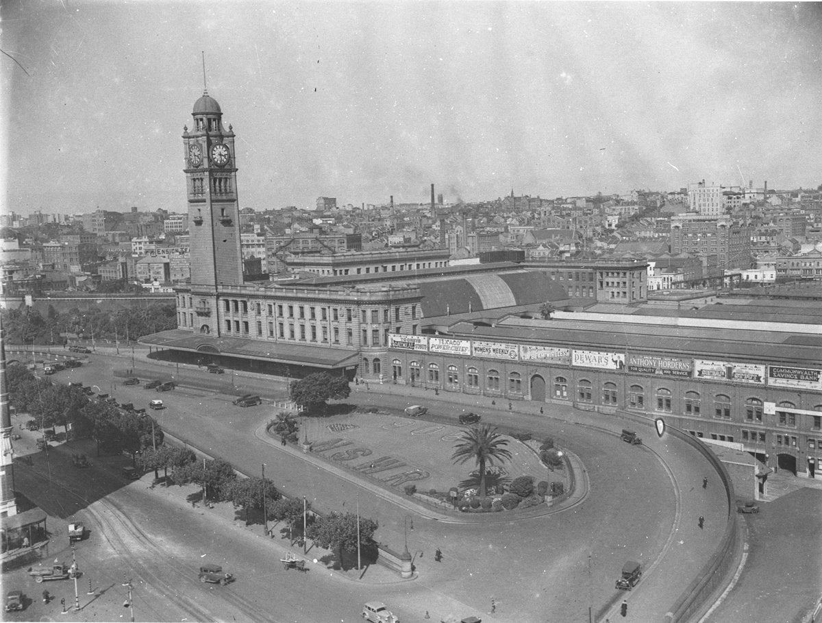 Central Railway Station from the Marcus Clark Building, 1930 — photograph, from George Street, circa 1930