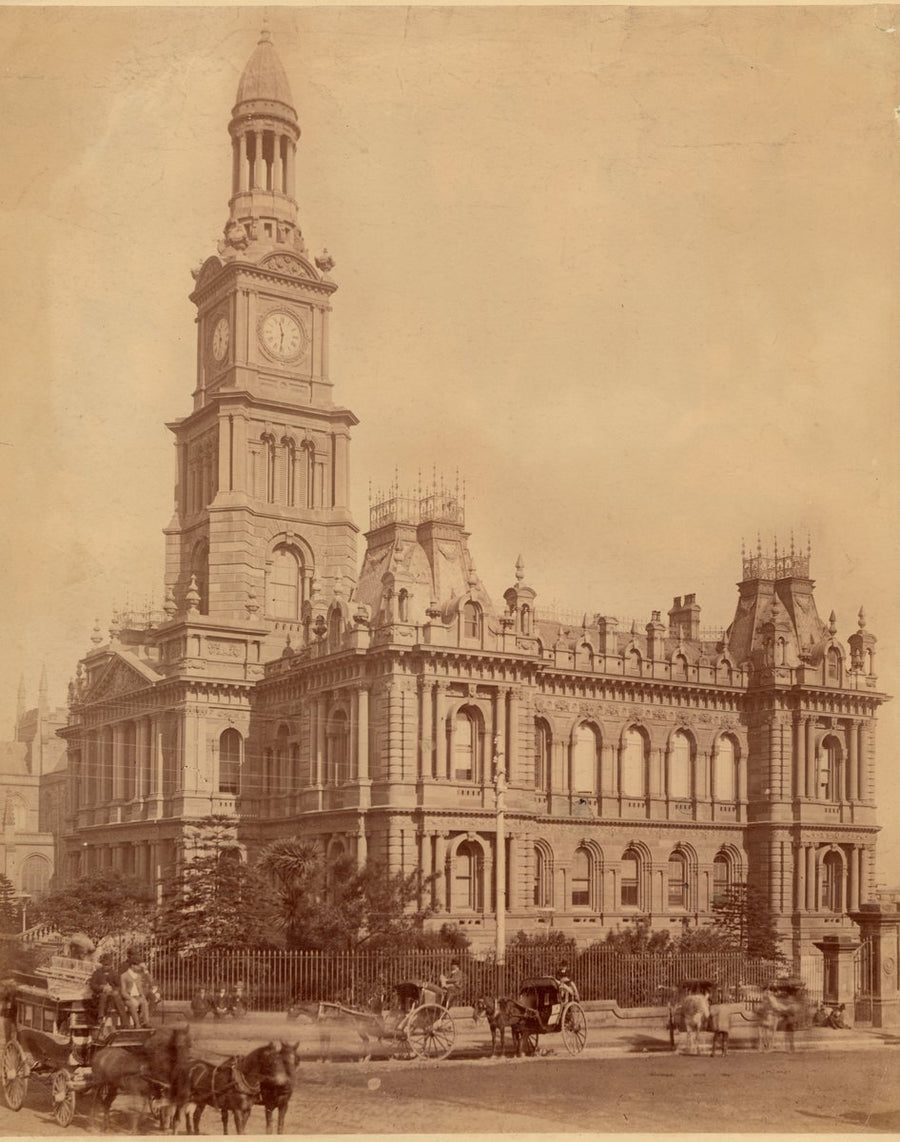 Sydney Town Hall with completed clock tower — photograph, from Sydney Town Hall, George Street, Sydney, circa 1875