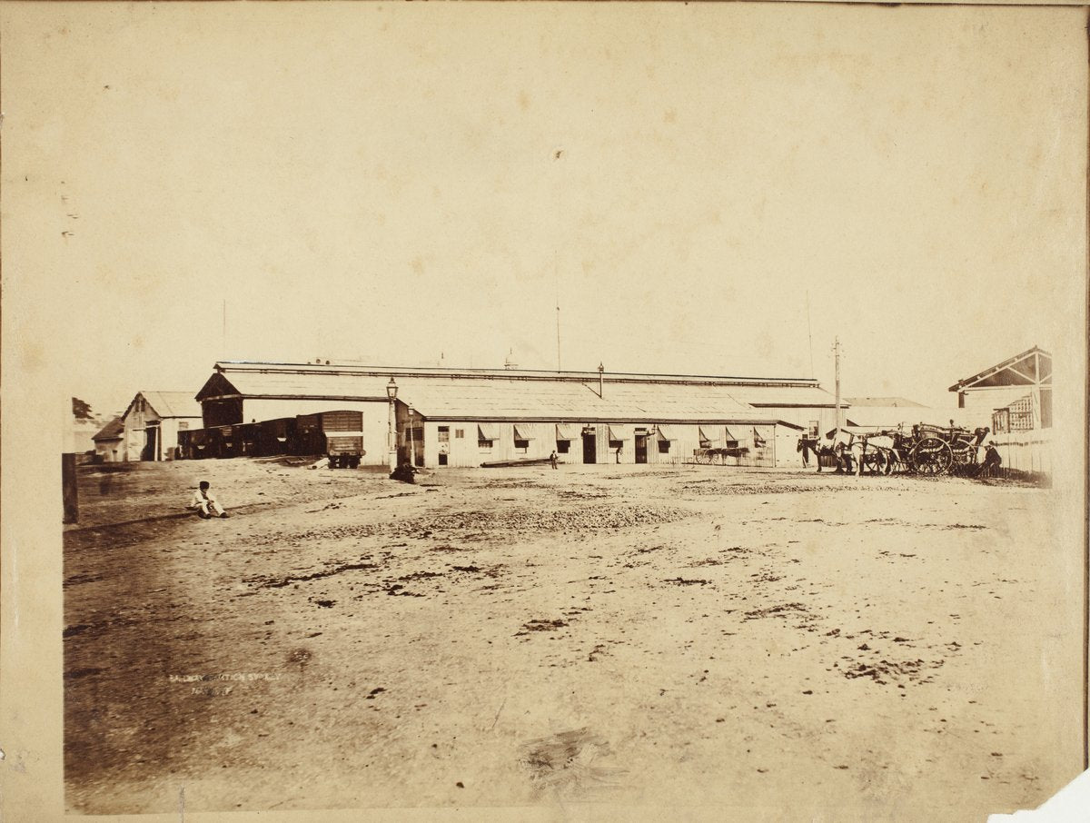 Sydney's first railway terminus at Redfern, 1871 — photograph, from George Street, circa 1871