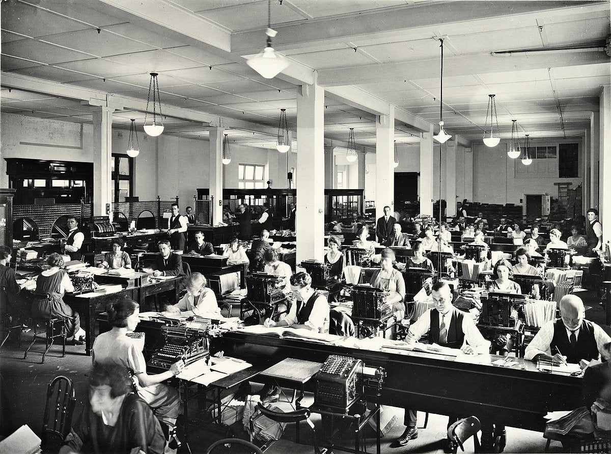 Clerical staff at desk machines in the Anthony Hordern & Sons offices — photograph, from Sydney, c. 1905–38
