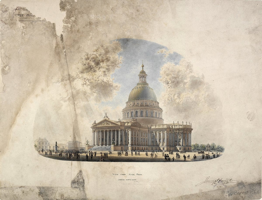 Barnet's 1883 design for a Sydney Free Public Library, seen from Hyde Park — illustration, from Hyde Park Barracks
