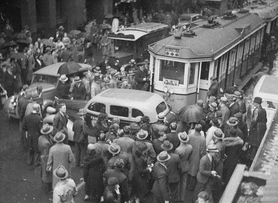 Tram and taxi smash in Pitt Street, 1937 — photograph, from Pitt Street, circa 1937