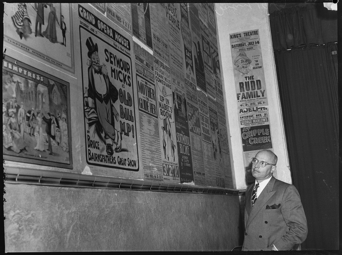 Wall of old theatre playbills, Sydney — photograph, from Sydney, New South Wales, circa 1949