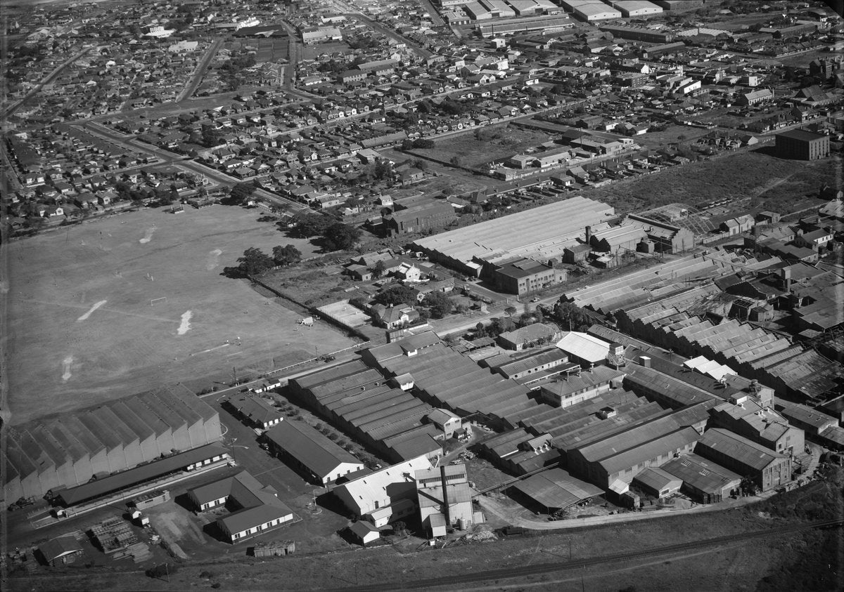J. Bayley Tannery at Botany, from the air — photograph, from Botany, circa 1950