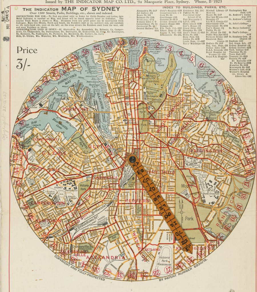 Indicator Map of Sydney with rotating metal street-finder — map, from Sydney, New South Wales, circa 1927