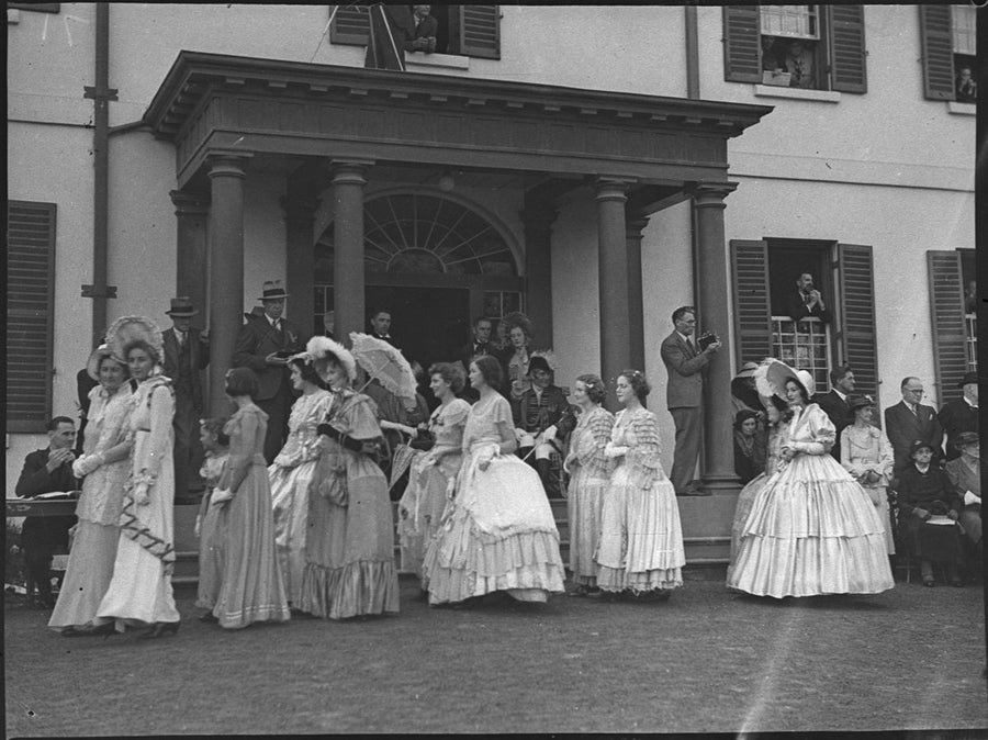 Costumed participants at Old Government House, Parramatta, 1938 Sesquicentenary — photograph, from Old Government House, circa 1938