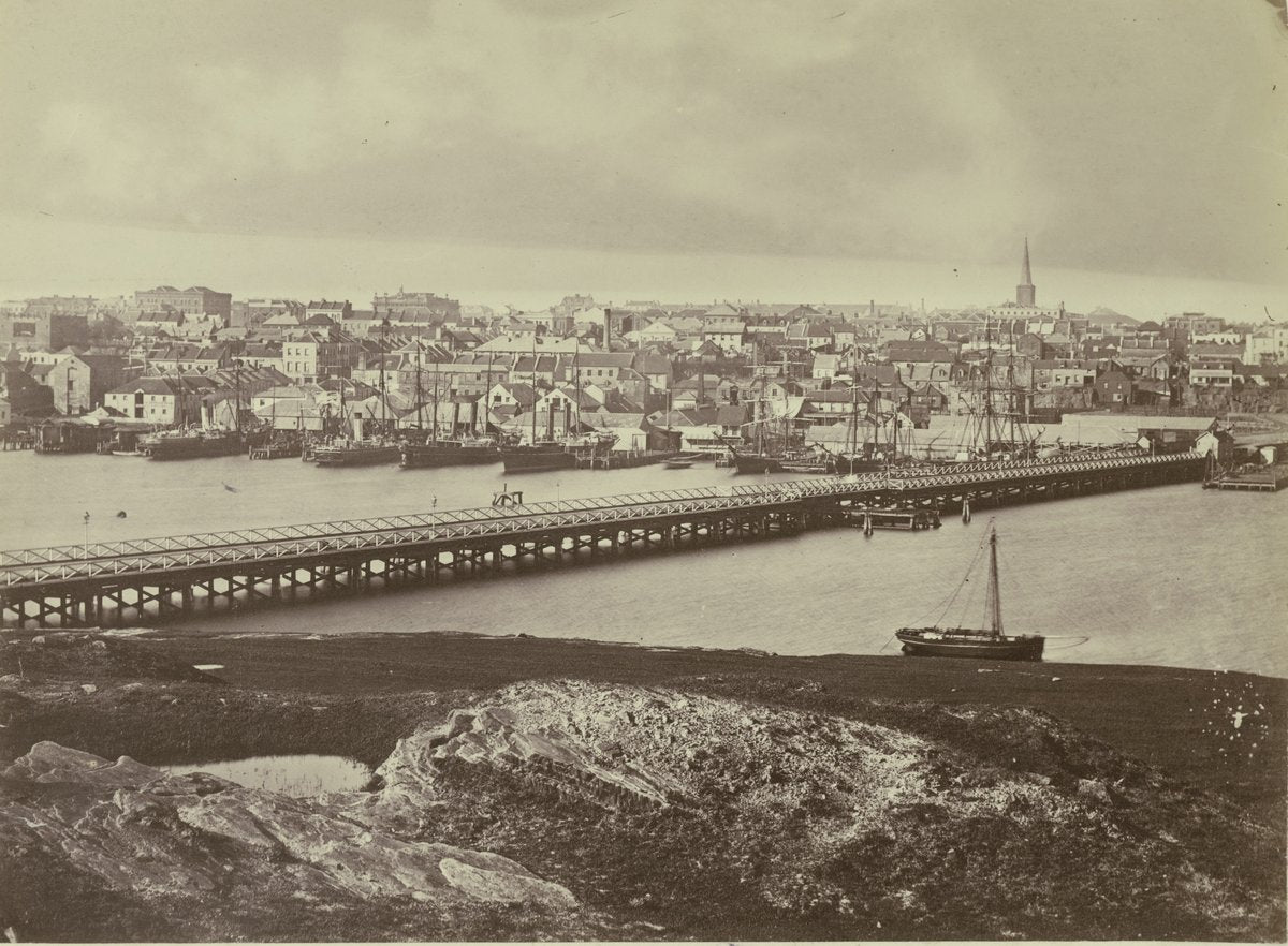 First Pyrmont Bridge, Darling Harbour — photograph, from Pyrmont Bridge, circa 1870