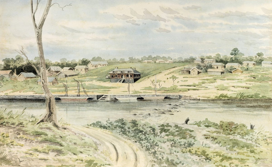 Punt ferry at a river crossing, with hillside settlement beyond — illustration, c. 1830–69