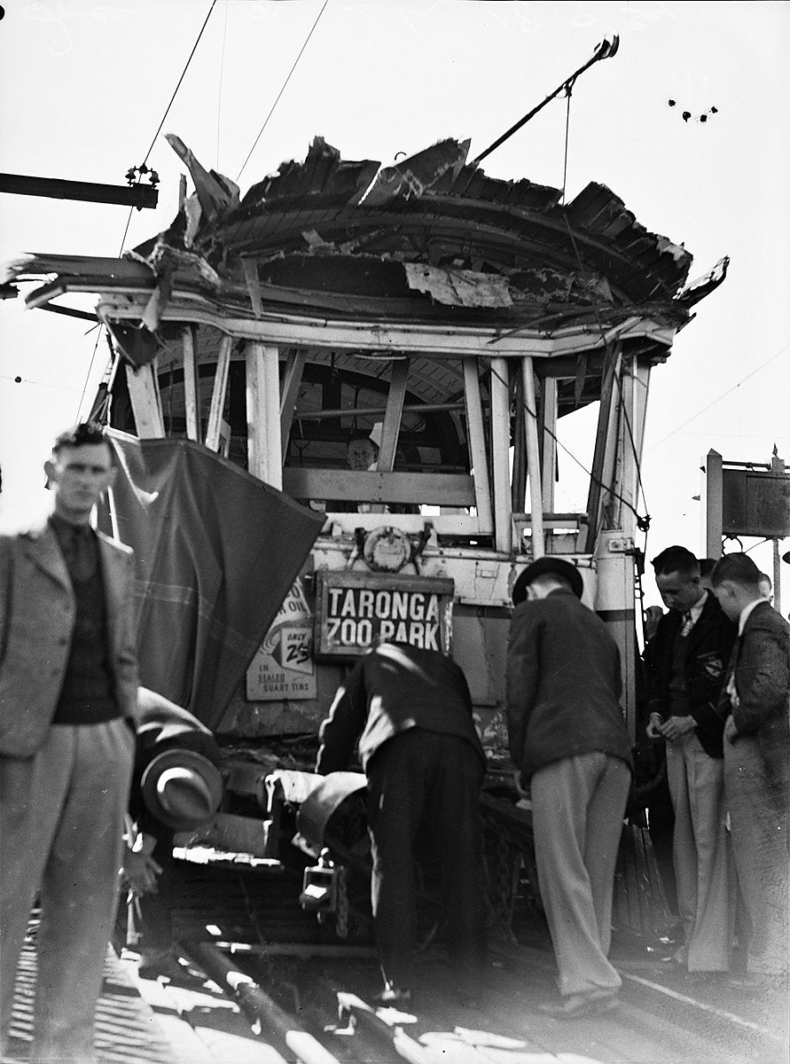 Wrecked tram on the Taronga Zoo Park line — photograph, from Taronga Zoo, 1939