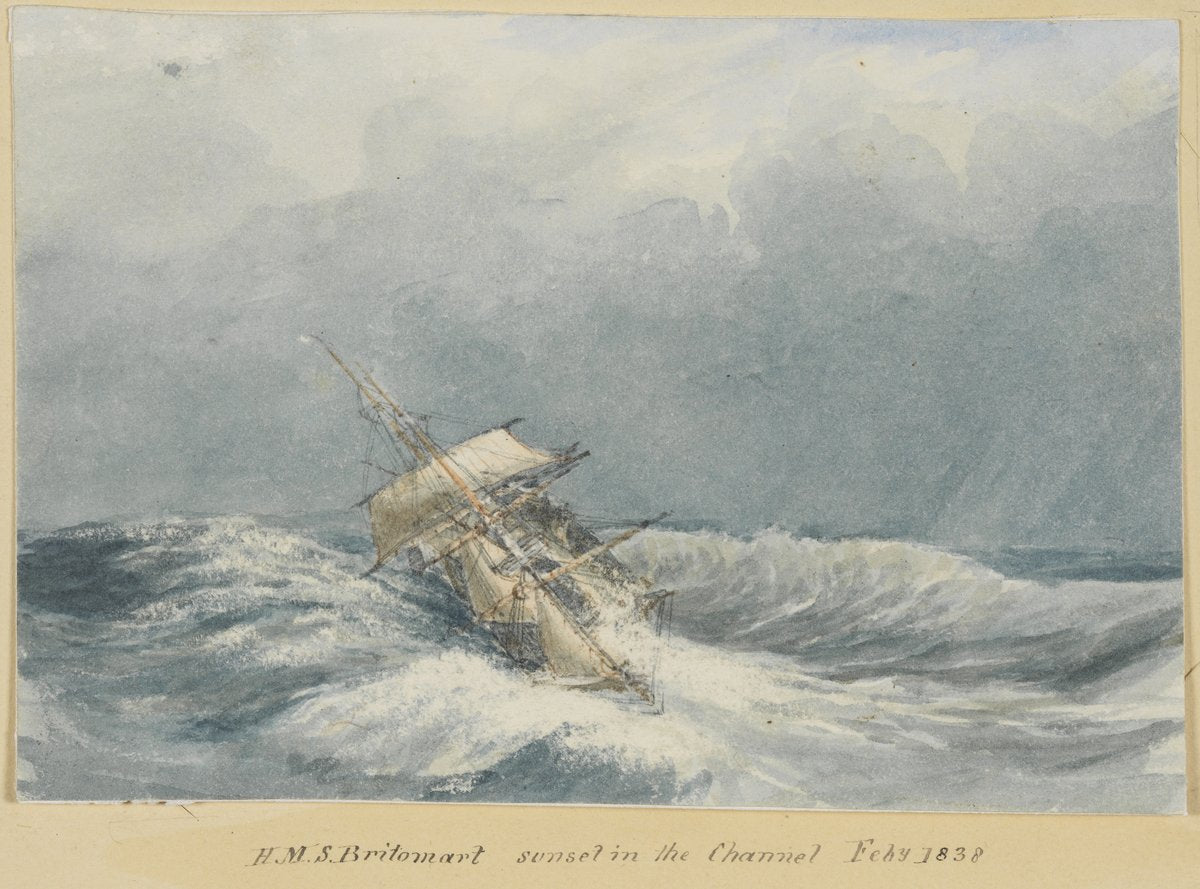 H.M.S. Britomart at sunset in the Channel, February 1838 — illustration, circa 1838