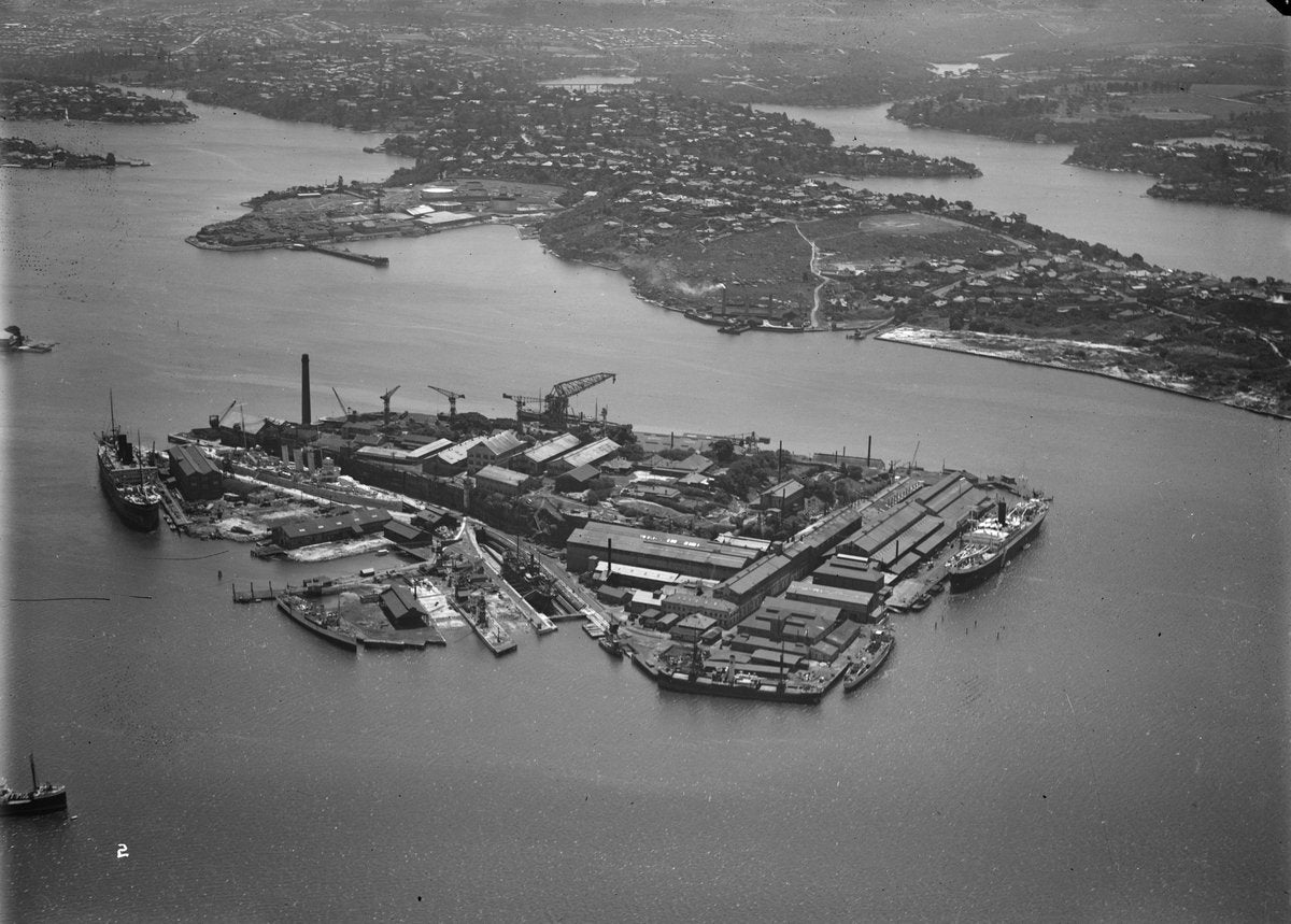 Cockatoo Island dockyards from the air, Sydney Harbour — photograph, from Woolwich, circa 1930