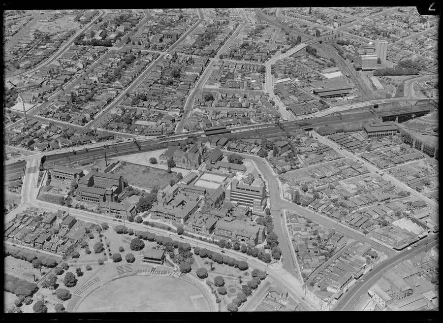Aerial view over Lewisham, hospital complex and railway line — photograph, from Lewisham, circa 1950