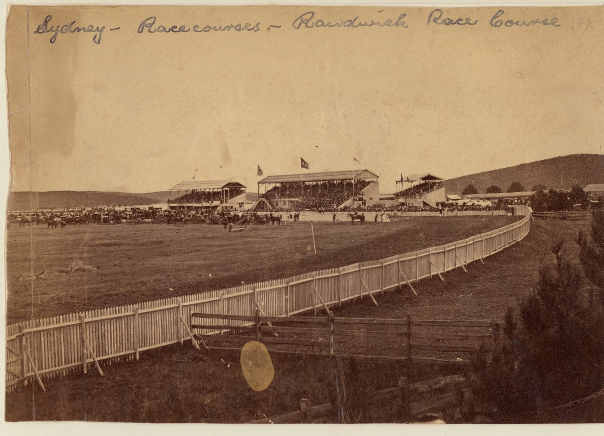 Randwick Racecourse with grandstands and crowds, 1863 — photograph, from Randwick Racecourse, Randwick, Sydney, circa 1863