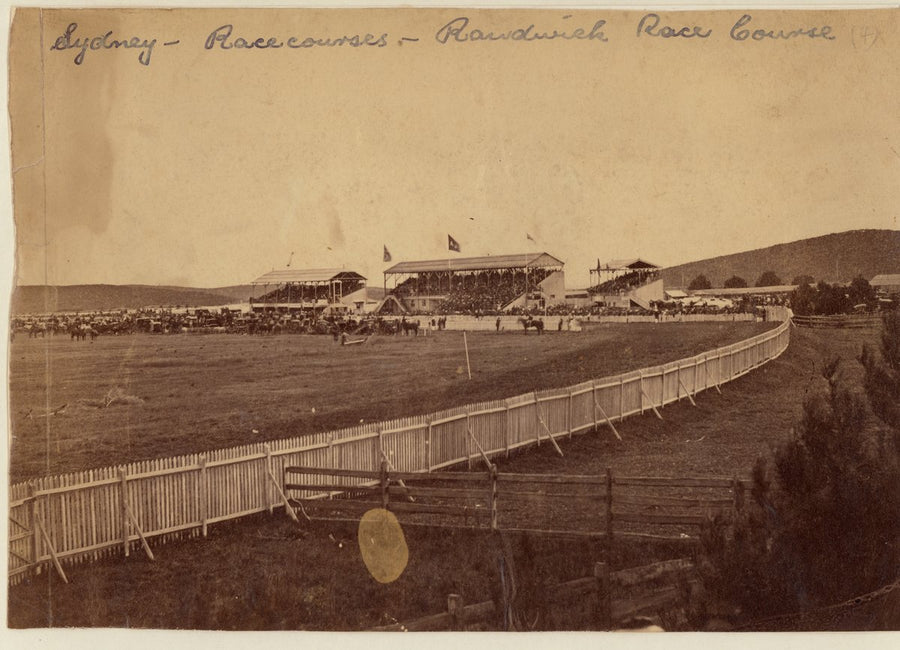 Randwick Racecourse with grandstands and crowds, 1863 — photograph, from Randwick Racecourse, Randwick, Sydney, circa 1863