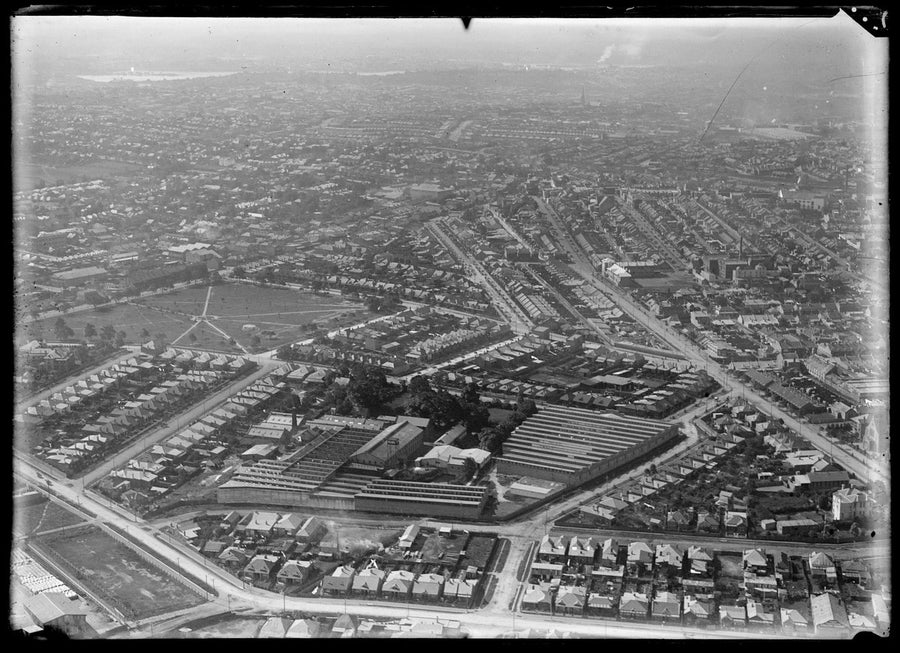 Factory complex at Mandible and Bowden Streets, Alexandria, from the air — photograph, from O.T. Lempriere & Co. works, corner Mandible and Bowden Streets, Alexandria, circa 1937