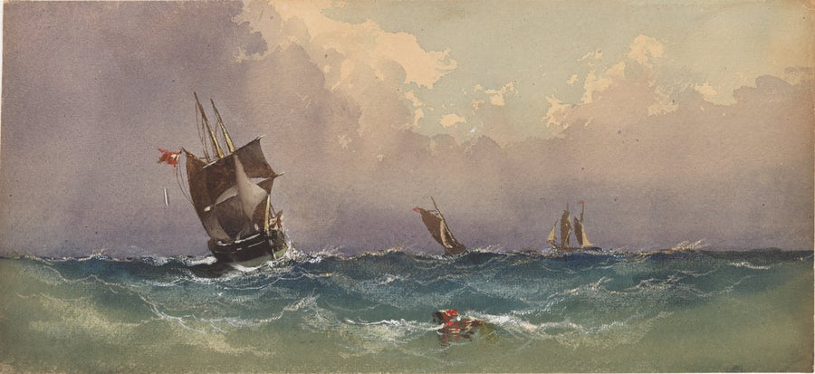 Sailing craft labouring in a rough sea — illustration, circa 1880