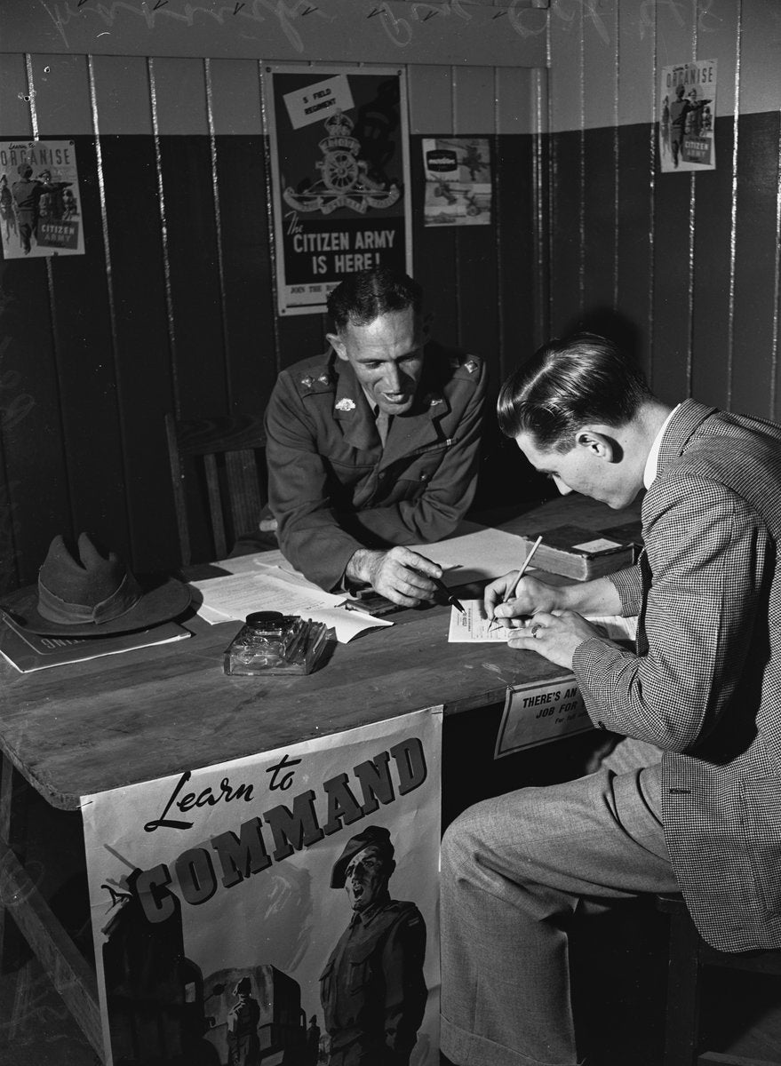 Signing on at the Marrickville army recruiting desk — photograph, from Marrickville, circa 1948